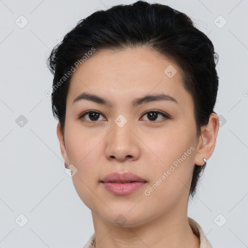 Neutral asian young-adult female with short  brown hair and brown eyes