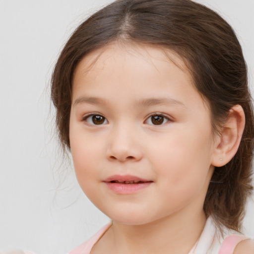 Joyful white child female with medium  brown hair and brown eyes