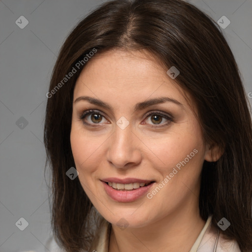 Joyful white young-adult female with medium  brown hair and brown eyes