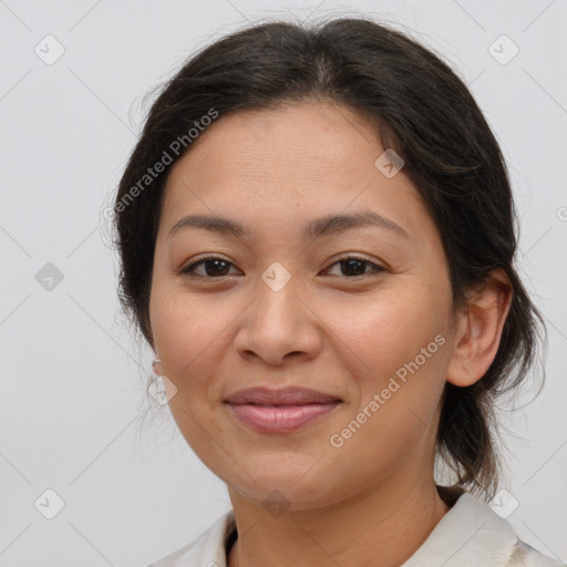 Joyful white young-adult female with medium  brown hair and brown eyes