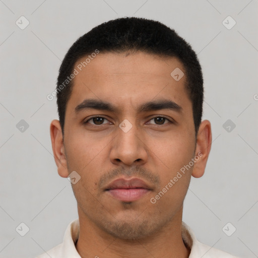 Neutral latino young-adult male with short  black hair and brown eyes