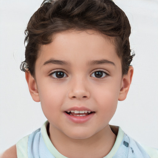 Joyful white child female with short  brown hair and brown eyes