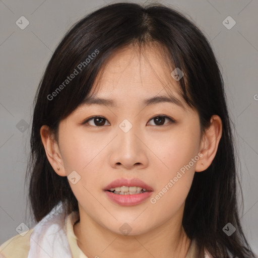 Neutral asian young-adult female with medium  brown hair and brown eyes