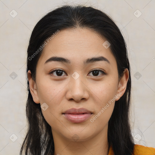 Joyful latino young-adult female with medium  brown hair and brown eyes