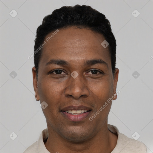 Joyful black young-adult male with short  black hair and brown eyes