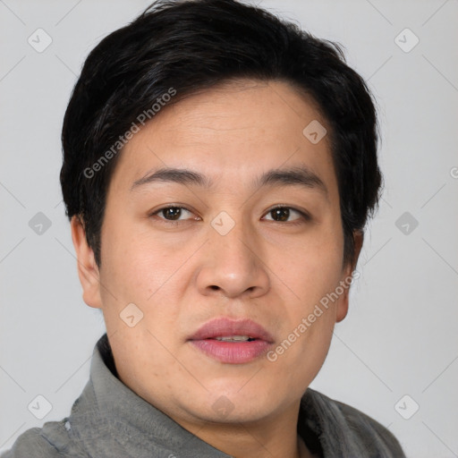 Joyful asian young-adult male with short  black hair and brown eyes