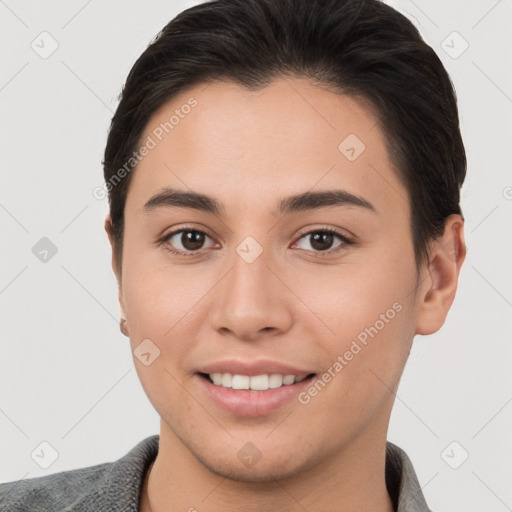 Joyful white young-adult female with short  brown hair and brown eyes