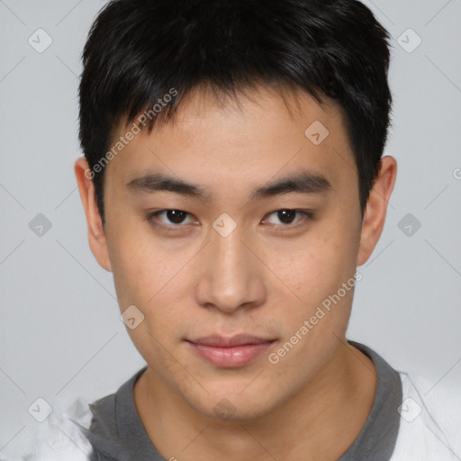 Neutral asian young-adult male with short  brown hair and brown eyes