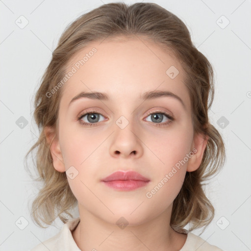 Neutral white young-adult female with medium  brown hair and grey eyes