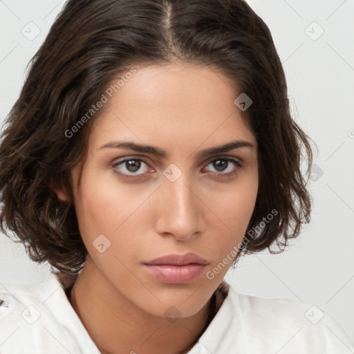 Neutral white young-adult female with medium  brown hair and brown eyes