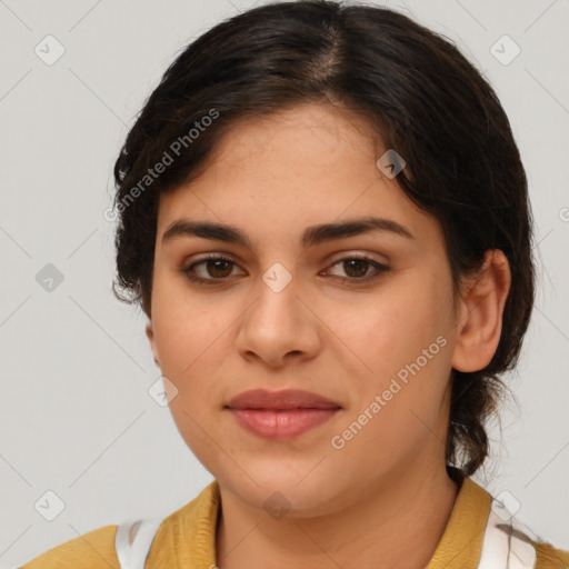 Joyful white young-adult female with medium  brown hair and brown eyes