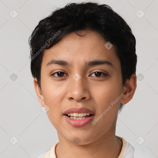 Joyful latino young-adult female with short  black hair and brown eyes