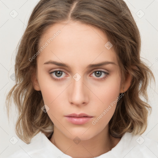 Neutral white young-adult female with medium  brown hair and brown eyes