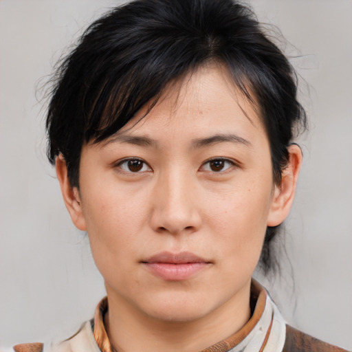 Neutral asian young-adult female with medium  brown hair and brown eyes