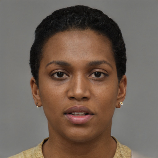 Neutral black young-adult female with short  brown hair and brown eyes