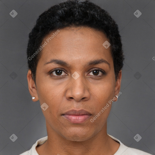 Neutral black young-adult female with short  black hair and brown eyes