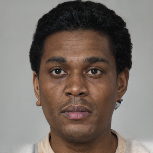 Neutral black young-adult male with short  black hair and brown eyes