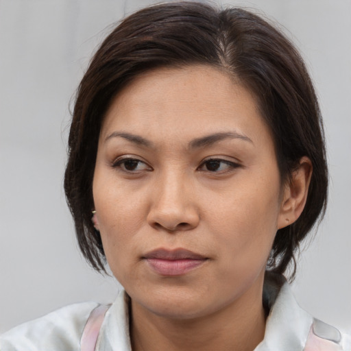 Joyful asian adult female with medium  brown hair and brown eyes