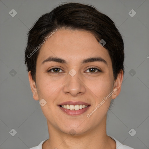 Joyful white young-adult female with short  brown hair and brown eyes