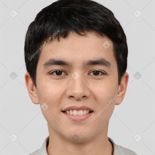 Joyful white young-adult male with short  black hair and brown eyes