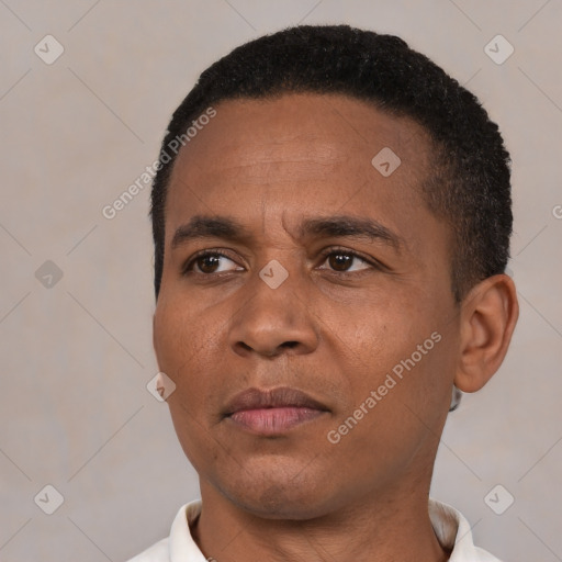 Neutral black young-adult male with short  black hair and brown eyes