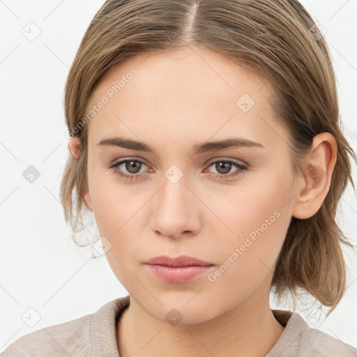 Neutral white young-adult female with medium  brown hair and brown eyes