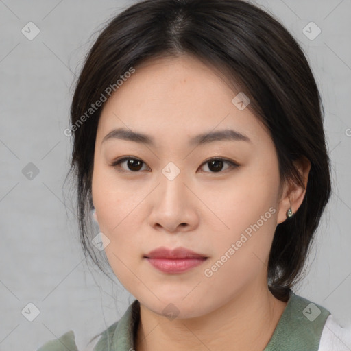 Neutral asian young-adult female with medium  brown hair and brown eyes