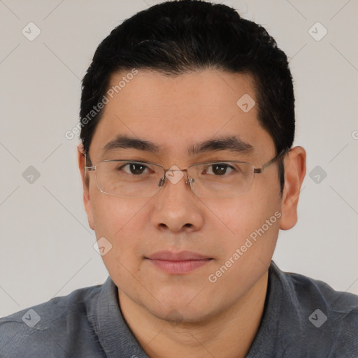 Neutral asian young-adult male with short  black hair and brown eyes