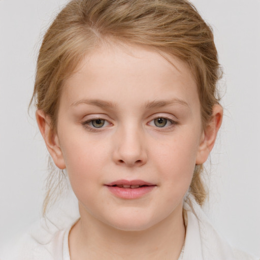 Joyful white child female with medium  brown hair and blue eyes