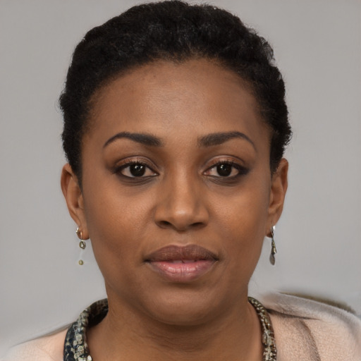 Joyful black young-adult female with short  brown hair and brown eyes