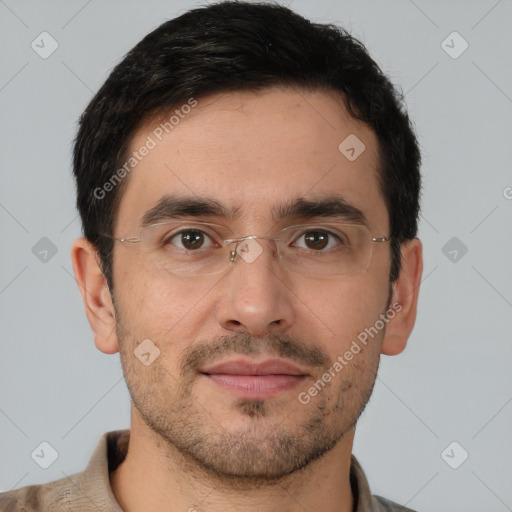 Joyful white young-adult male with short  brown hair and brown eyes