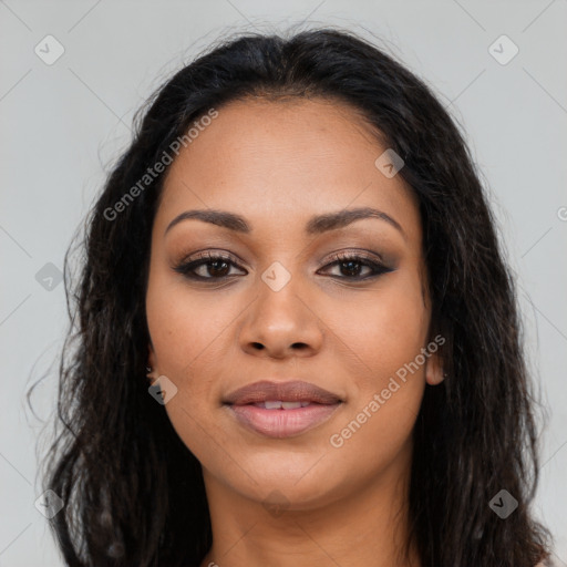 Joyful latino young-adult female with long  brown hair and brown eyes