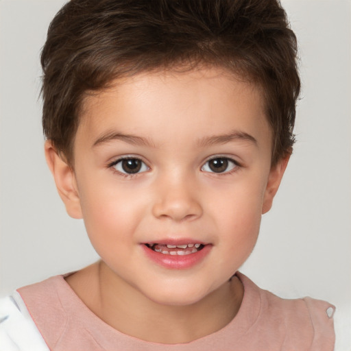 Joyful white child female with short  brown hair and brown eyes