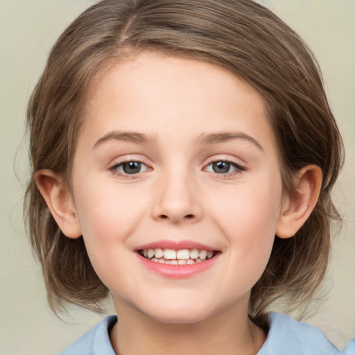 Joyful white child female with medium  brown hair and brown eyes