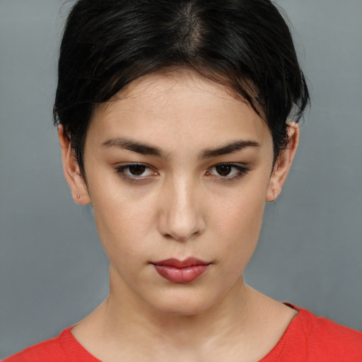 Neutral white young-adult female with short  brown hair and brown eyes