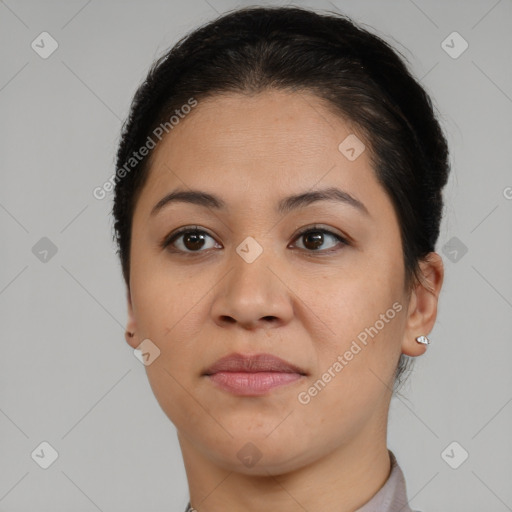 Joyful asian young-adult female with short  brown hair and brown eyes