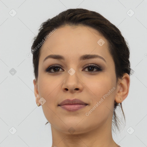 Neutral latino young-adult female with short  brown hair and brown eyes