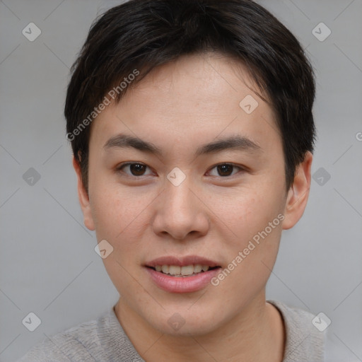 Joyful asian young-adult female with short  brown hair and brown eyes