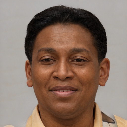 Joyful latino adult male with short  brown hair and brown eyes