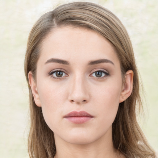 Neutral white young-adult female with long  brown hair and grey eyes