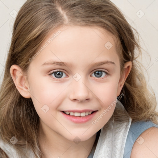 Joyful white child female with long  brown hair and blue eyes