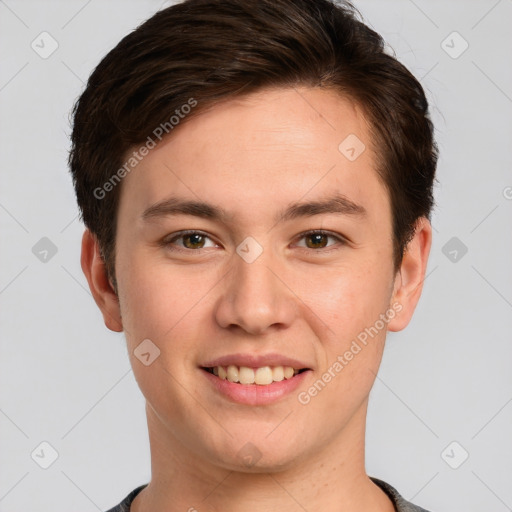 Joyful white young-adult male with short  brown hair and brown eyes