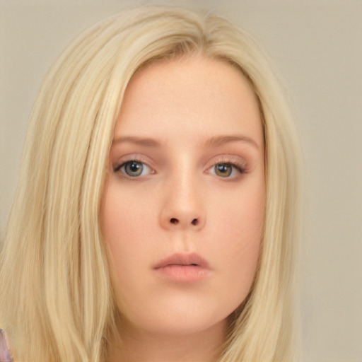 Neutral white young-adult female with long  blond hair and brown eyes