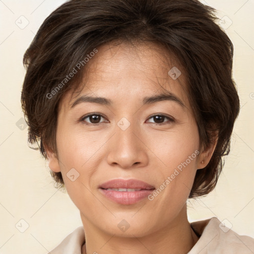 Joyful white young-adult female with medium  brown hair and brown eyes