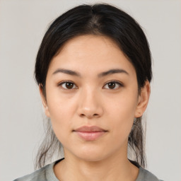 Neutral asian young-adult female with medium  brown hair and brown eyes