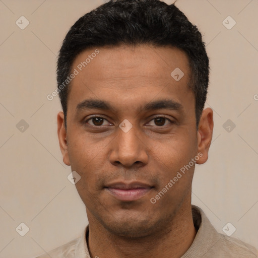 Neutral latino young-adult male with short  black hair and brown eyes