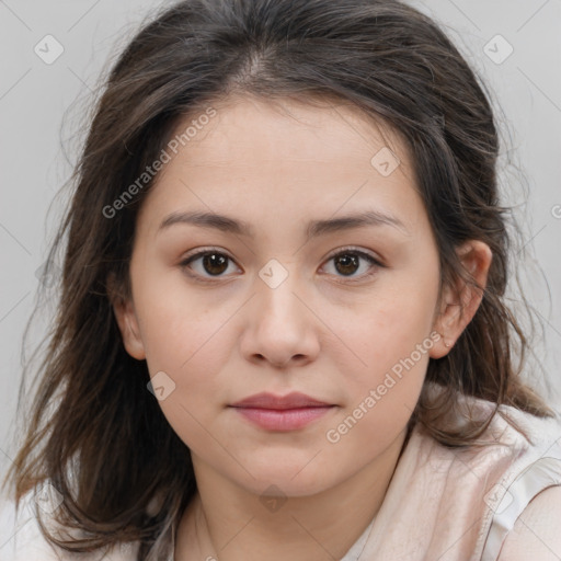 Neutral white young-adult female with medium  brown hair and brown eyes