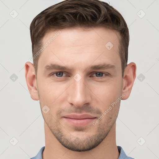 Neutral white young-adult male with short  brown hair and grey eyes