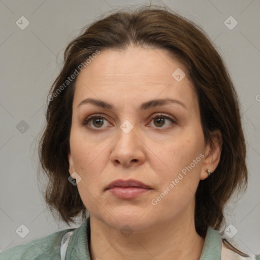 Neutral white adult female with medium  brown hair and brown eyes