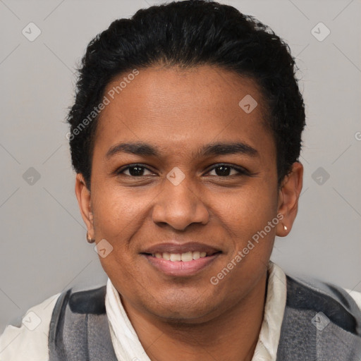 Joyful latino young-adult male with short  black hair and brown eyes